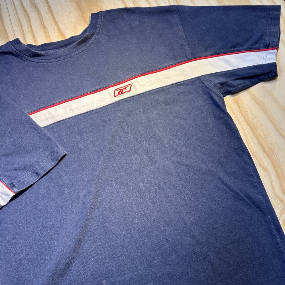 Reebok Mens Large Navy Blue Stripe Embroidered Vector Logo T-Shirt
